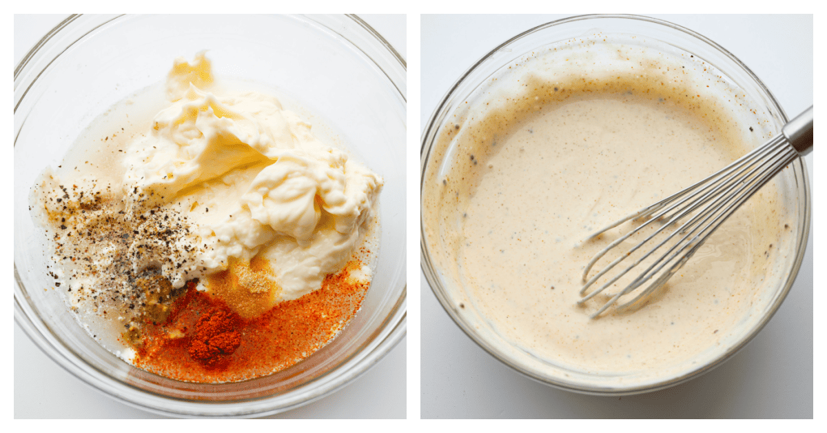 2 imágenes que muestran cómo mezclar ingredientes en un recipiente de vidrio con un batidor. 