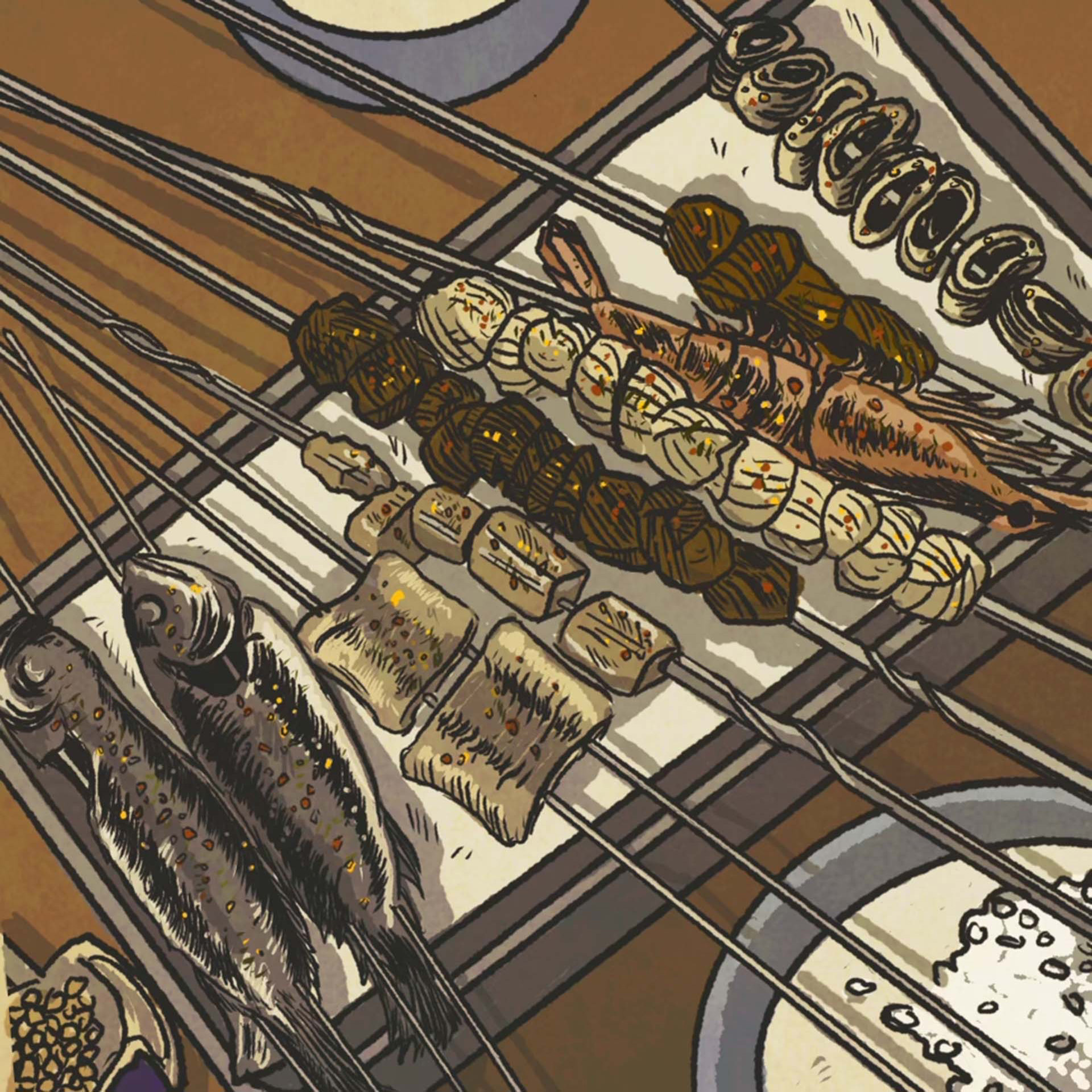 Un ejemplo de bandeja cuadrada china de carne a la parrilla, que incluye cordero y ternera estilo kebab, intestinos de cerdo, camarones enteros y pescado entero.