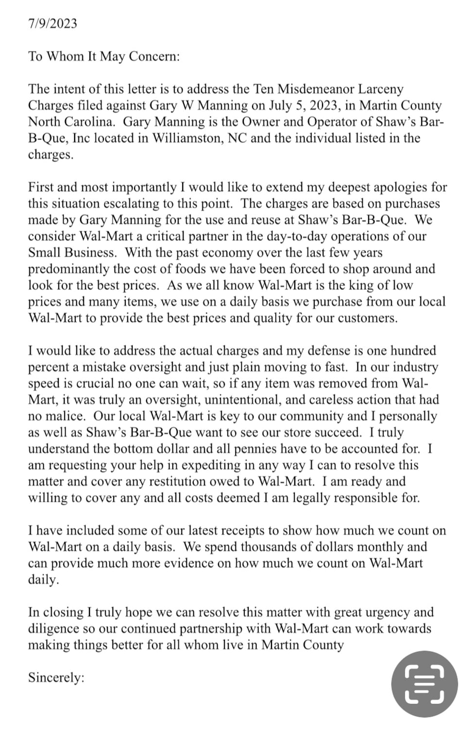 Gary Manning envió esta carta a WITN esta tarde.